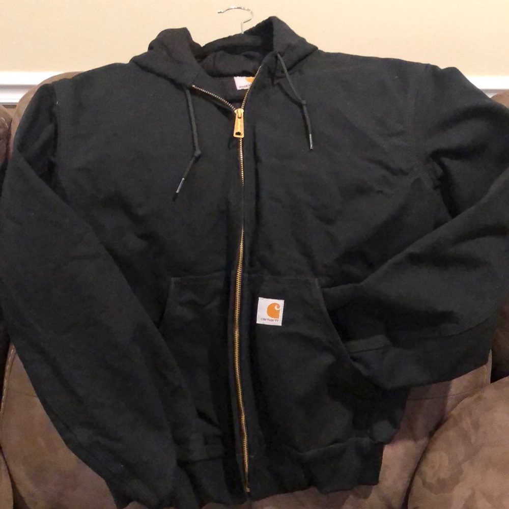 Carhartt jacket size small male.  Black with hoody.